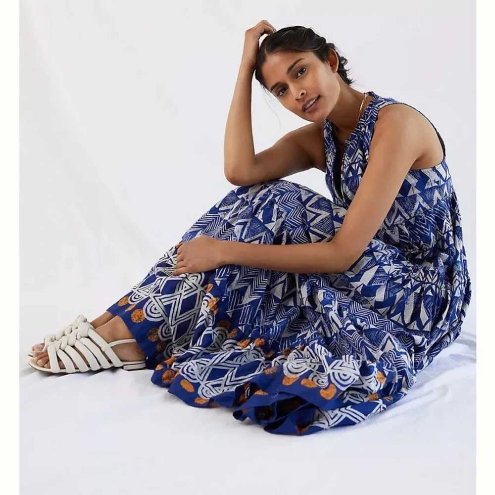 Anthropologie blue abstract tiered maxi dress size XS/S - Picture 2 of 12